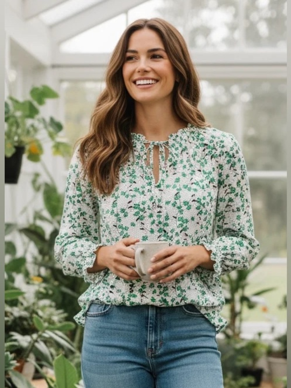 LOFT Green Clover Floral Blouse